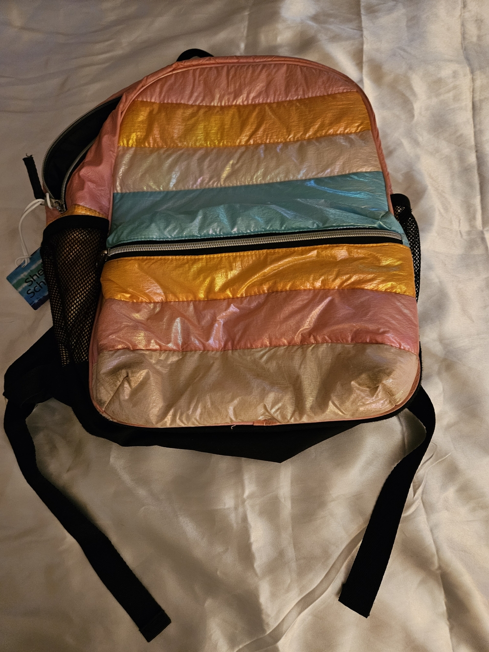 Rainbow Stripe Lightweight Women's Backpack - Pink, Gold, Blue - Picture 2 of 16